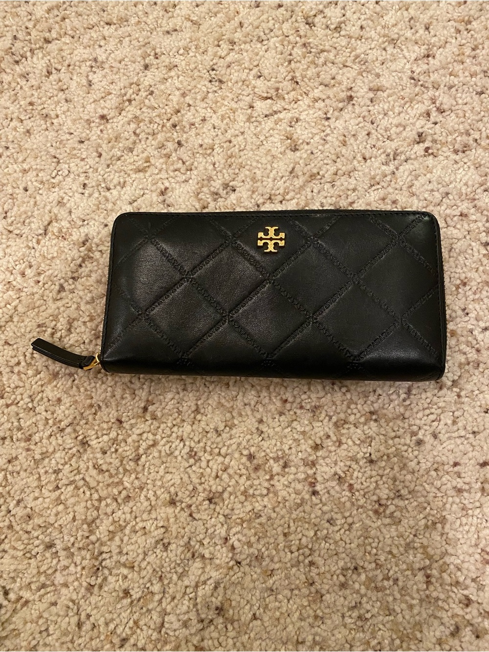 Tory Burch Black Quilted Zip Around Wallet with Gold Logo